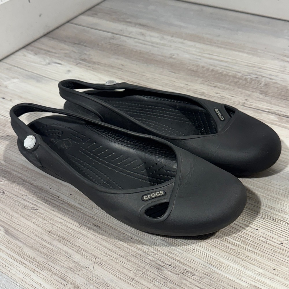 Crocs Sz 7 Black Kadee Sling Back Mary Jane Rubber Flats Flower Charms